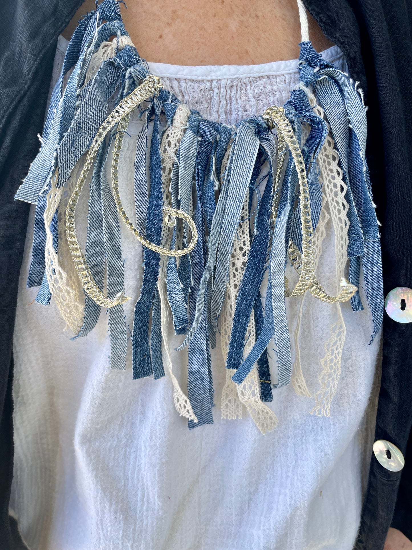 Up-cycled Scrap Denim and Lace Necklace