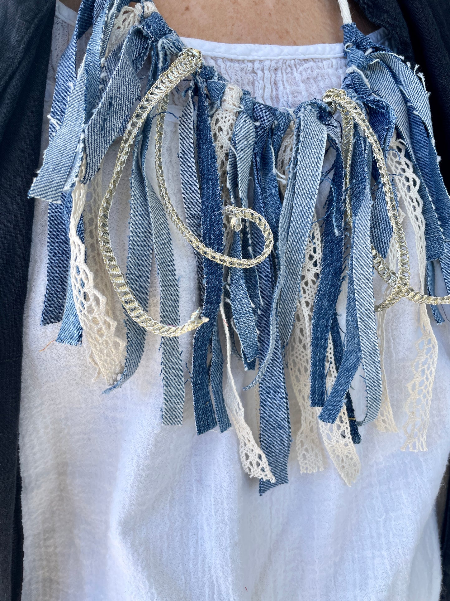 Up-cycled Scrap Denim and Lace Necklace