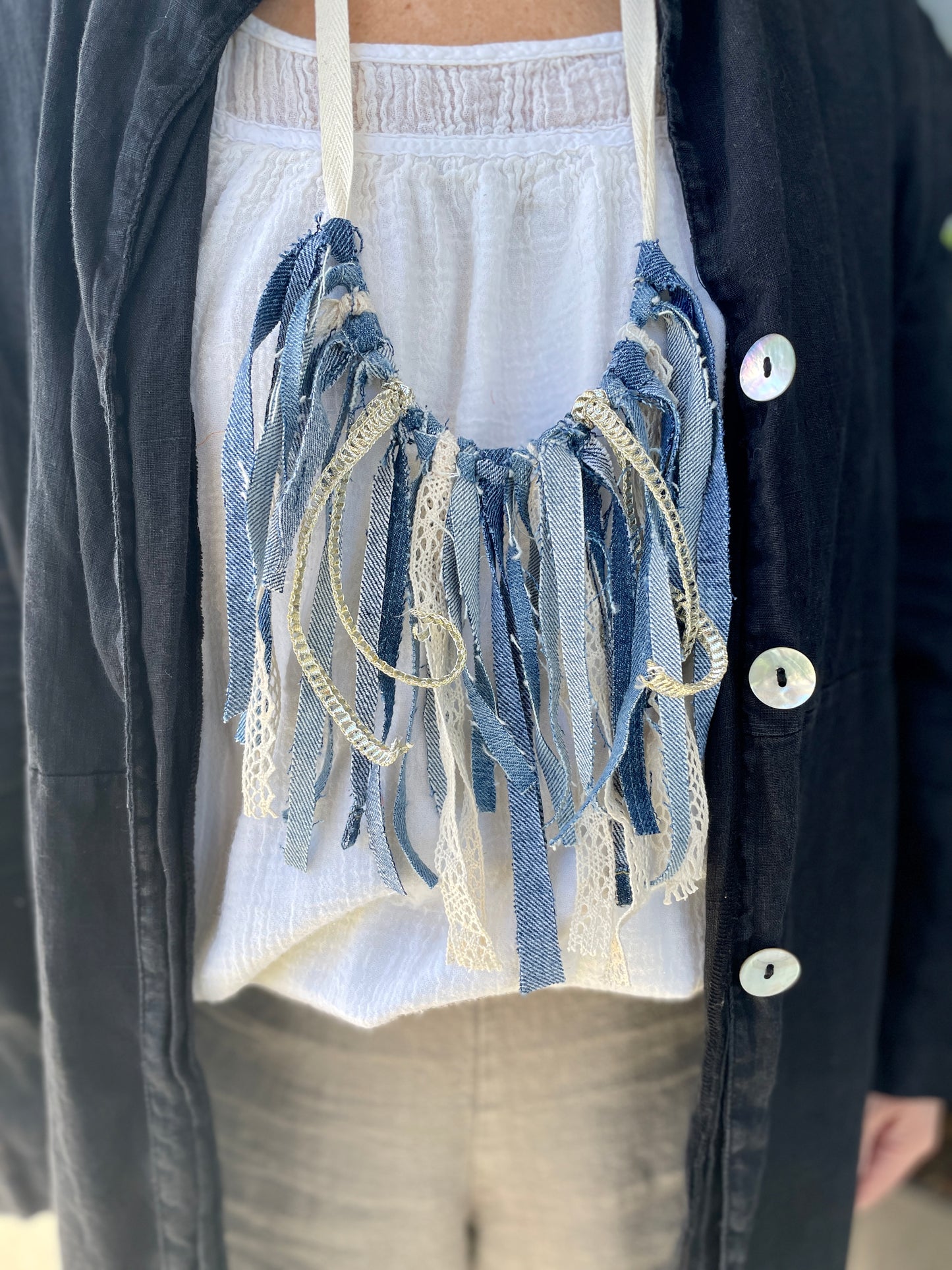 Up-cycled Scrap Denim and Lace Necklace